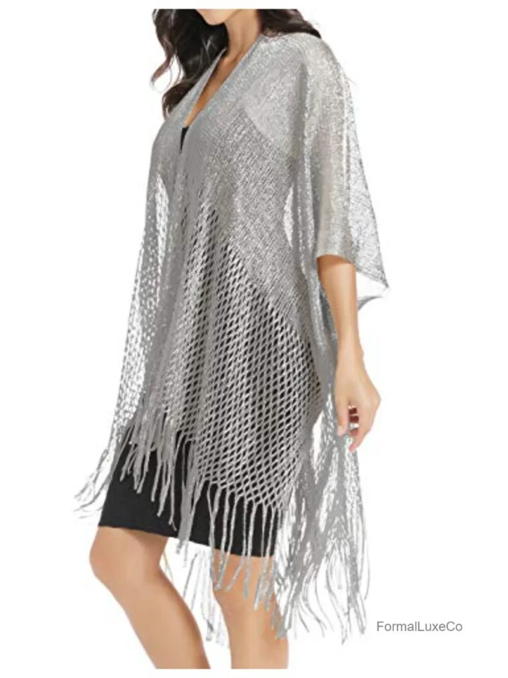 Sequin Shimmer Metallic Fringe Cape Wrap Evening Shawl Cardigan Formal Wedding